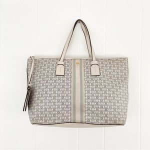 Tory Burch Gemini Link Tote Coated Canvas Double Strap Tote Designer Cream Blue